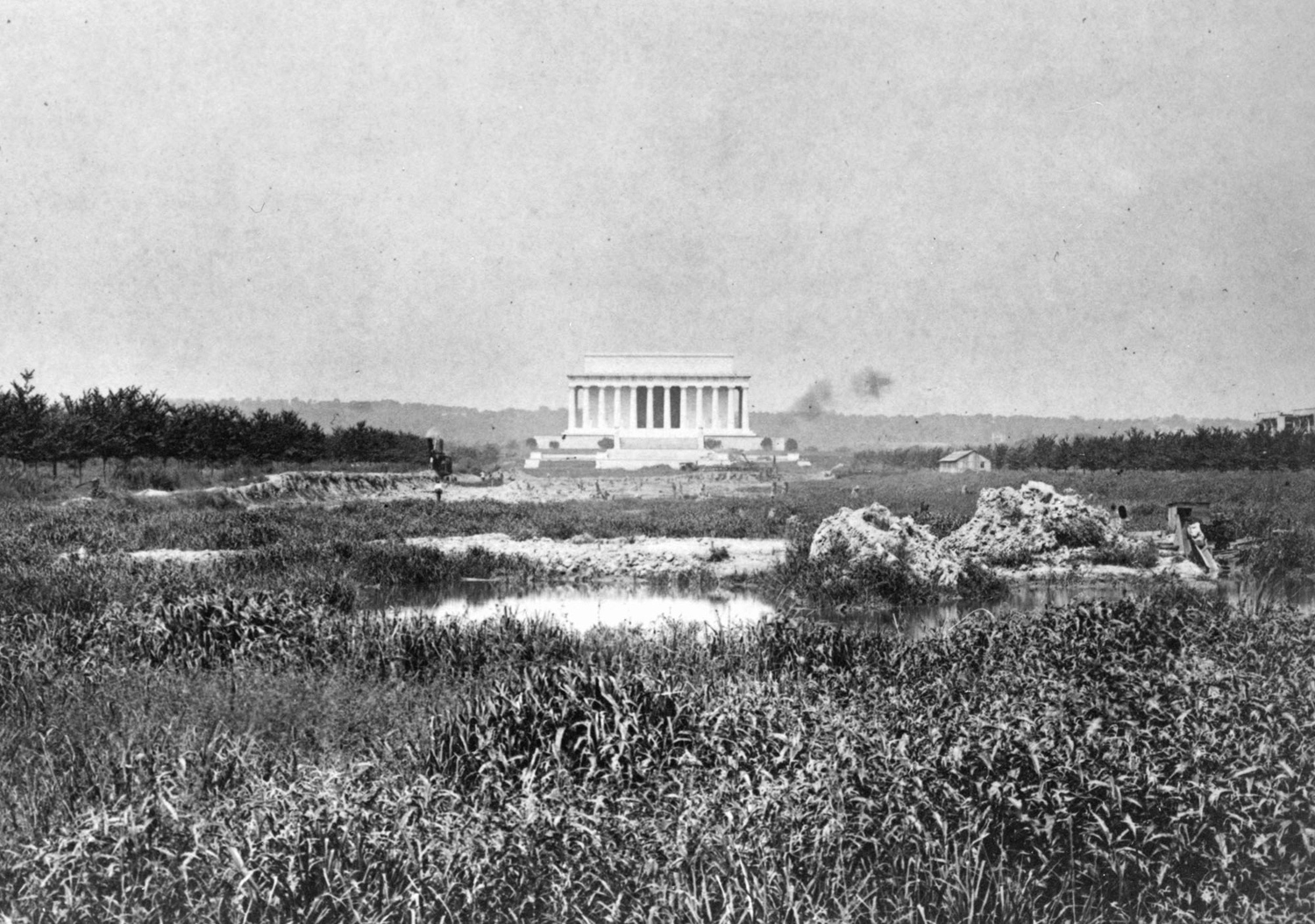 Marshland in front of the Lincoln Memorial, near the Potomac River, in 1917. Work is underway to turn this site into the 2,000-foot-long reflecting pool.