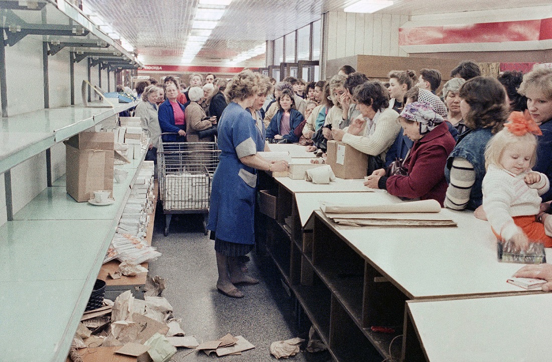 Typical grocery store queue in Vilnius (the capital of current Lithuania), 1990, USSR consumer goods shortage