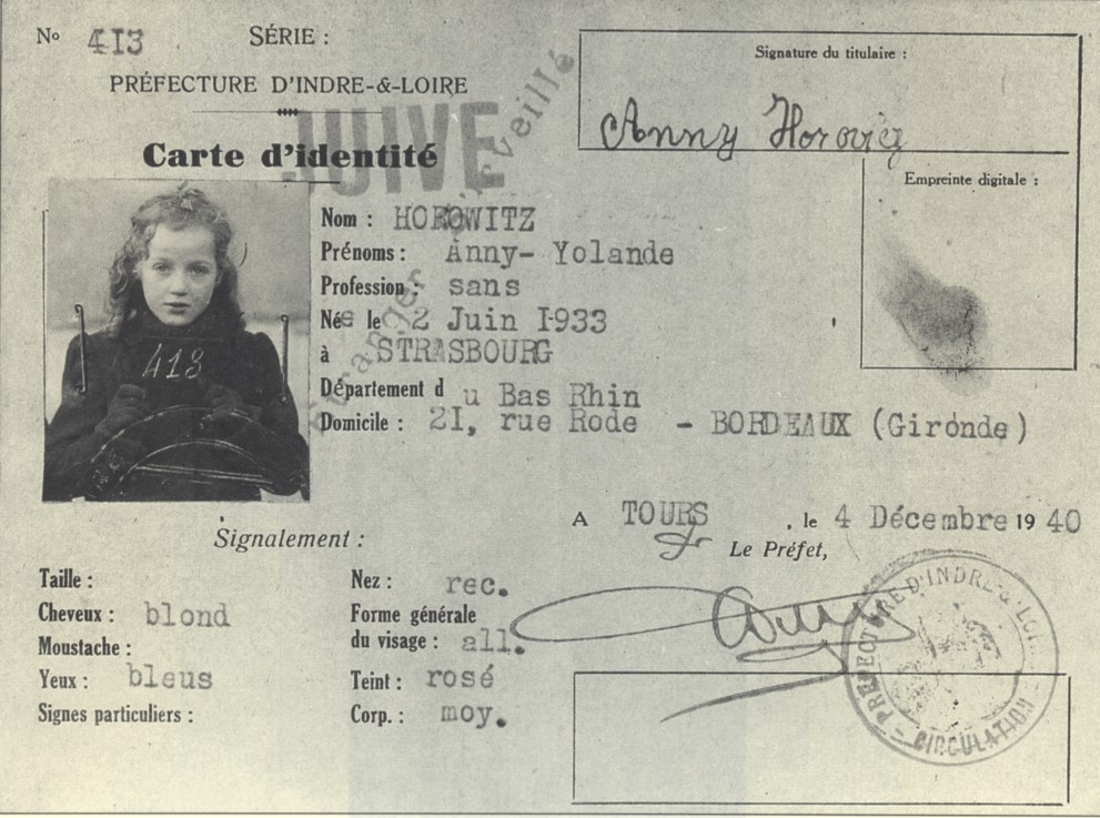 The identification card of Anny Horowitz, a French Jewish girl murdered in Auschwitz, 1940