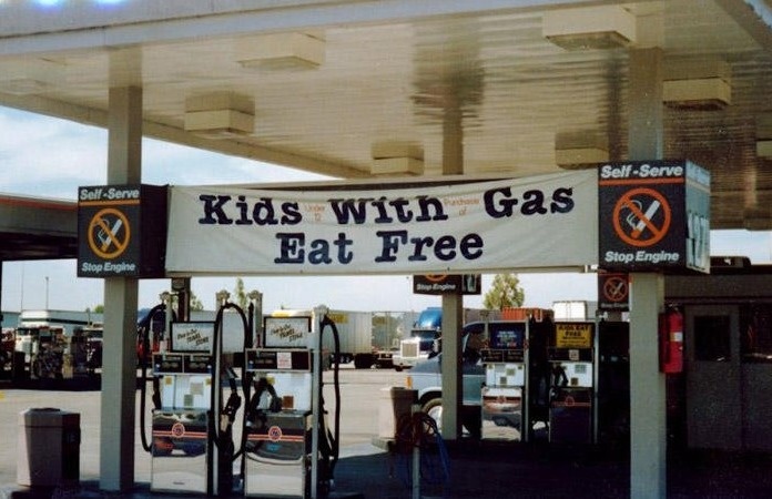 advertising fails - SelfServe Sell Serve Kids With Gas Eat Free Stop Engine Stop Engine