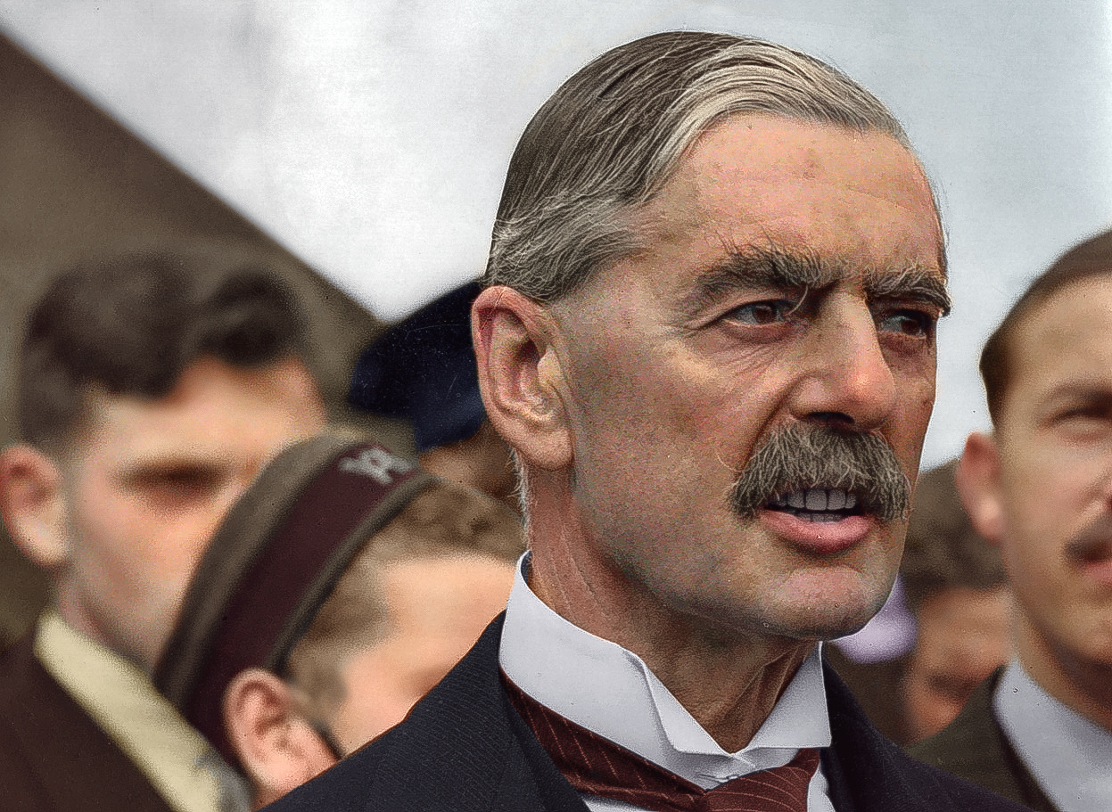September 24, 1938: A colorized photo by reddit user marinamaral of British Premier Sir Neville Chamberlain, who had just returned to London from his talks with Hitler in Germany.
