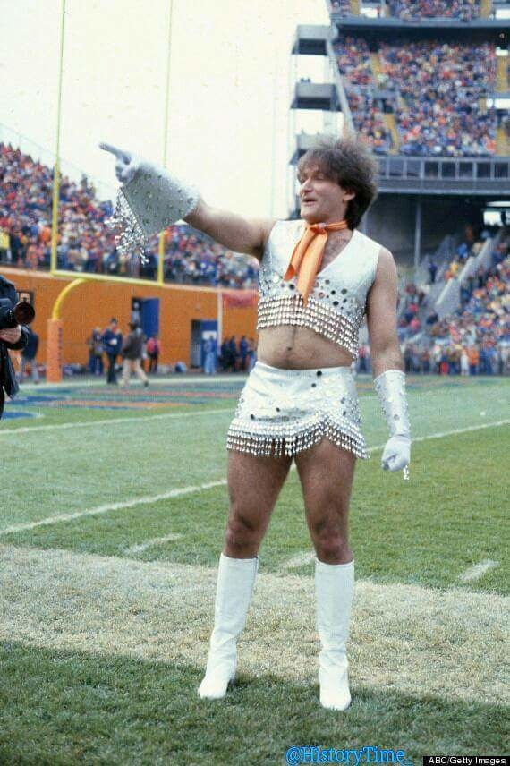 1979: Beloved comedian Robin Williams dazzles the crowd as a Denver Broncos cheerleader.
