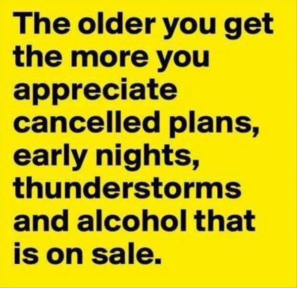 happiness - The older you get the more you appreciate cancelled plans, early nights, thunderstorms and alcohol that is on sale.