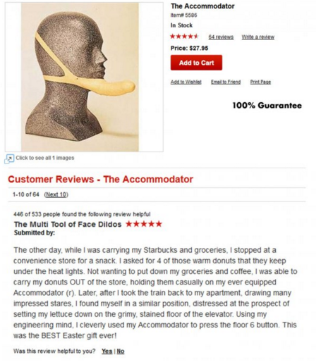 sex toy review meme - The Accommodator Item 5585 In Stock 4 reviews Writeren Price $27.95 Add to Cart Add to Wishlist Email to Friend Print Page 100% Guarantee Click to see all 1 images Customer Reviews The Accommodator 110 of 64 Next 10 446 of 533 people