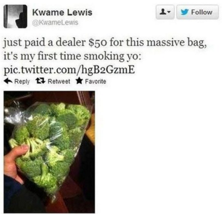 broccoli weed meme - 4. Kwame Lewis just paid a dealer $50 for this massive bag, it's my first time smoking yo pic.twitter.comhgB2GzmE t7 Retweet Favorite