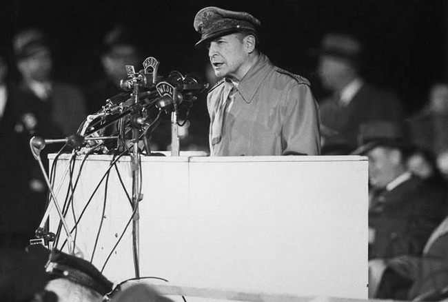 During a 1955 speech, General Douglas MacArthur supposedly made a comment about an Earth-wide war against aliens. He urged the world to unite, because the next massive war could be a battle for Earth's survival. Conspiracy theorists believe that this was a reference to some specific knowledge that MacArthur had about the existence of aliens.