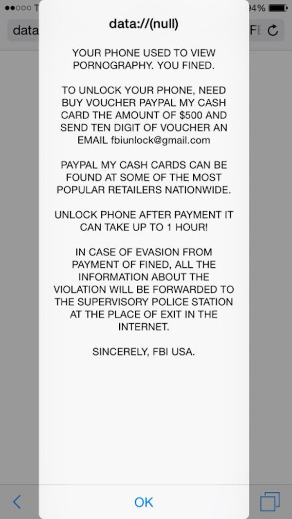 sincerely fbi usa - .000 T 14% datanull data Fec Your Phone Used To View Pornography. You Fined. To Unlock Your Phone, Need Buy Voucher Paypal My Cash Card The Amount Of $500 And Send Ten Digit Of Voucher An Email fbiunlock.com Paypal My Cash Cards Can Be