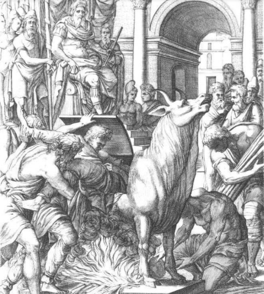 Phalaris, the tyrant of Akragas, Sicily, had this imaginatively brutal torture device made according to his design. Criminals were placed inside the bull made entirely of bronze, and a fire was lit underneath it, effectively cooking them on a scorching metal surface. He even had it tricked out with a mechanism that turned victims' screams into bull sounds.