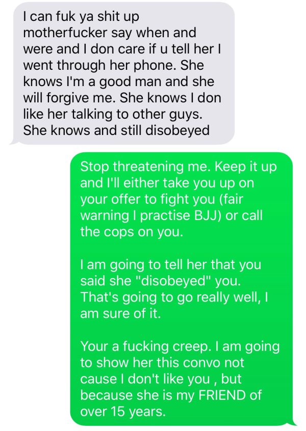 New BF shows how insecure he is with pathetic attempt of threatening texts