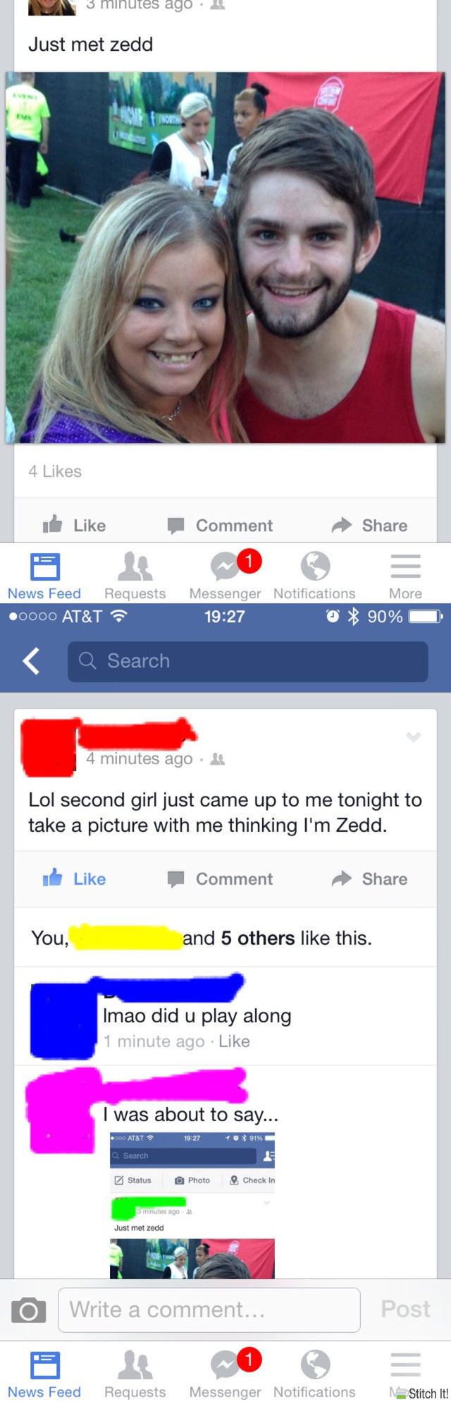 web page - 3 mlhutes ago. Just met zedd 4 It Comment News Feed Requests 0000 At&T Messenger Notifications More 90% O