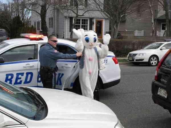 Woodward, Oklahoma police officers went rabbit hunting after receiving a call about a suspicious person dressed in an Easter Bunny suit harassing some students at a local restaurant.

Police Lt. Monty Martin said that “a man in a Mazda convertible dressed in a rabbit suit” had allegedly disturbed some students from Elk nearby City by driving around their school bus while it was parked at McDonald's. By the time officers were able to respond to the call, the bunny had fled the scene, but Martin said officers were able to track down the vehicle and discovered the driver was, in fact, wearing a pink bunny costume. 

He was let off with a verbal warning since officers had not witnessed him harassing any of the students.