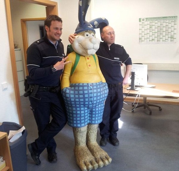 This bunny was not at fault in any way but was involved in a criminal investigation just the same. 

A couple in Duisburg, Germany called police on Easter Sunday 2012 after being left frightened by an intimidating prowler near their home. They told officers they were in danger after spotting a tall shadowy figure peering through their window.

The official call log read: "About 1.80 metres tall, yellow shirt, blue check trousers, green rucksack and a 'striking' face." Once they arrived, officers were quick to apprehend the buck-toothed bunny statue, with one officer adding: "We took him into custody, but he hasn't said much yet. It was a pretty good joke, and we're waiting for his owners to come and get him."