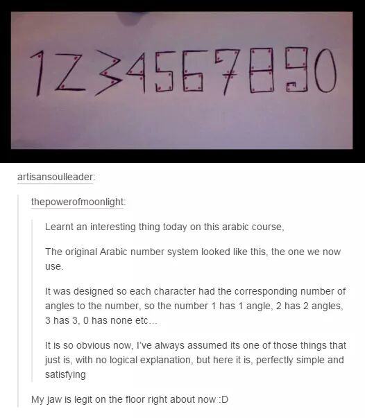 arabic numbers meme - 1234567890 artisansoulleader thepowerofmoonlight Learnt an interesting thing today on this arabic course, The original Arabic number system looked this, the one we now use. It was designed so each character had the corresponding numb