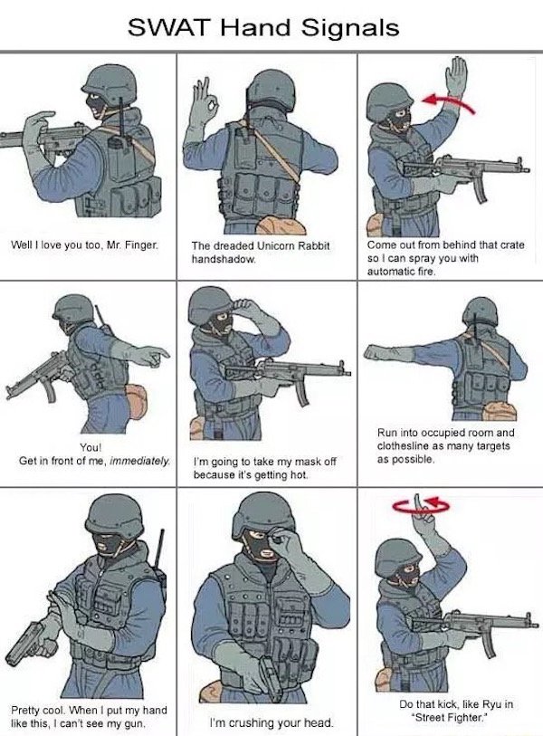 swat hand signals meme - Swat Hand Signals Well I love you too, Mr. Finger. The dreaded Unicorn Rabbit handshadow Come out from behind that crate so I can spray you with automatic fire. You! Get in front of me, immediately Run into occupied room and cloth