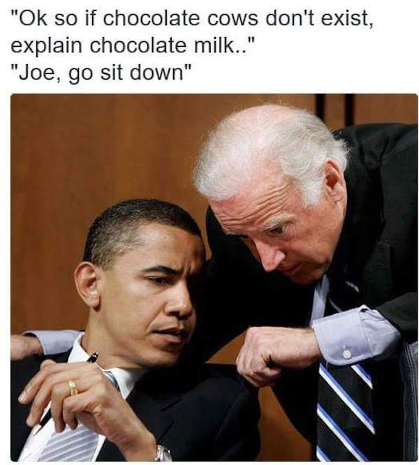 joe biden obama memes - "Ok so if chocolate cows don't exist, explain chocolate milk.." "Joe, go sit down"