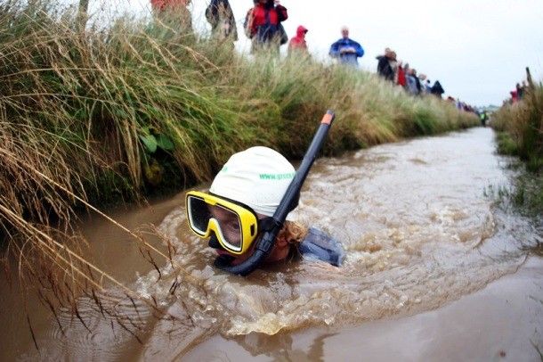 The fastest time to complete the World Bog Snorkeling Triathlon is 2 hr 23 min 24 sec and was achieved by Daniel Bent, at the 2010 World Bog Snorkeling Triathlon, Llanwrtyd Wells, United Kingdom, on July 11, 2010.