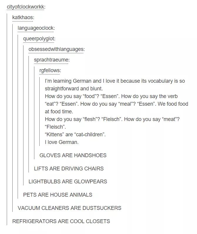 tumblr - funny german - cityofclockworkk katkhaos languageoclock queerpolyglot obsessedwithlanguages sprachtraeume rgfellows I'm learning German and I love it because its vocabulary is so straightforward and blunt. How do you say "food"? "Essen". How do y