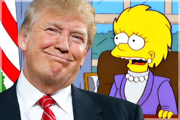 Exactly 16 years ago in March 2000, in an episode titled “Bart to the Future,” the show predicted a Donald Trump presidency. 

Lisa becomes the nation's first “straight female” president while brother Bart has slacked away his life. From the Oval Office, she says, “As you know, we've inherited quite a budget crunch from President Trump.” How did the series arrive at Trump as commander-in-chief? Writer Dan Greaney explains that the real estate mogul was just the right comedic fit at the time, and notes that they needed a celebrity name that would sound slyly absurdist. Besides, Greaney says, “He seems like a The Simpsons-esque figure — he fits right in there, in an over-the-top way."