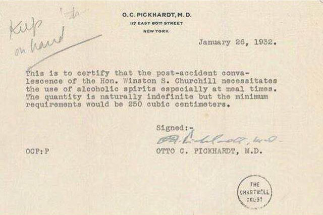 Winston Churchill’s Doctor wrote him a prescription for booze when he visited the USA during the alcohol prohibition days