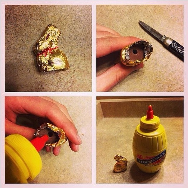 Fill the inside of hollow Easter candies with mustard.