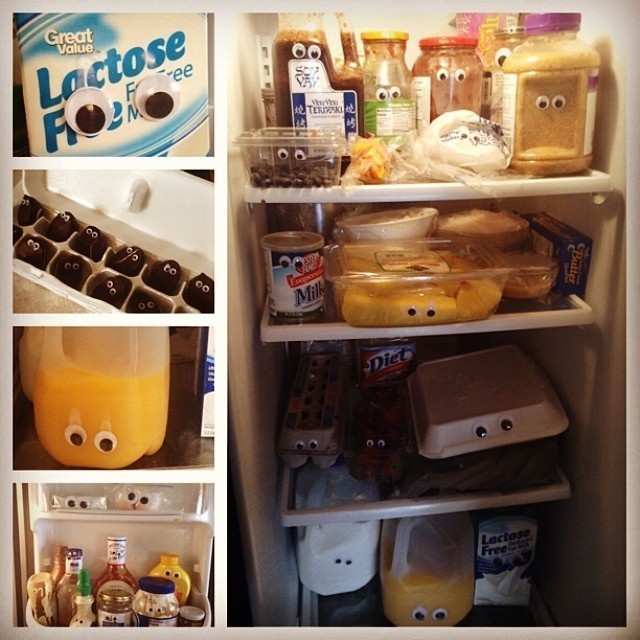 Glue googly eyes onto all the food in the fridge.