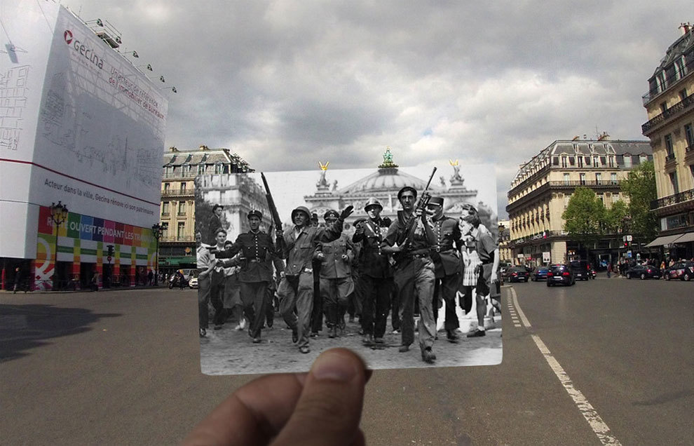 A scene in front of the Paris Opera House in the 1940s.