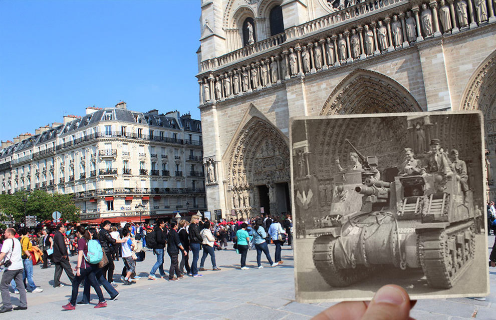 A tank outside of the Notre Dame Cathedral.