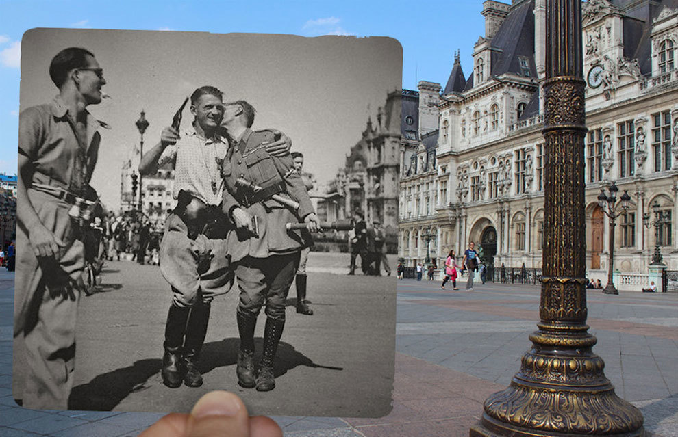 Soldiers outside the Hotel De Ville during the war.