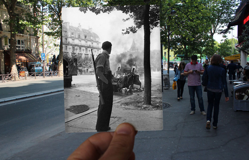 A burning car in St Michel in Paris, sometime in the early 1940s.