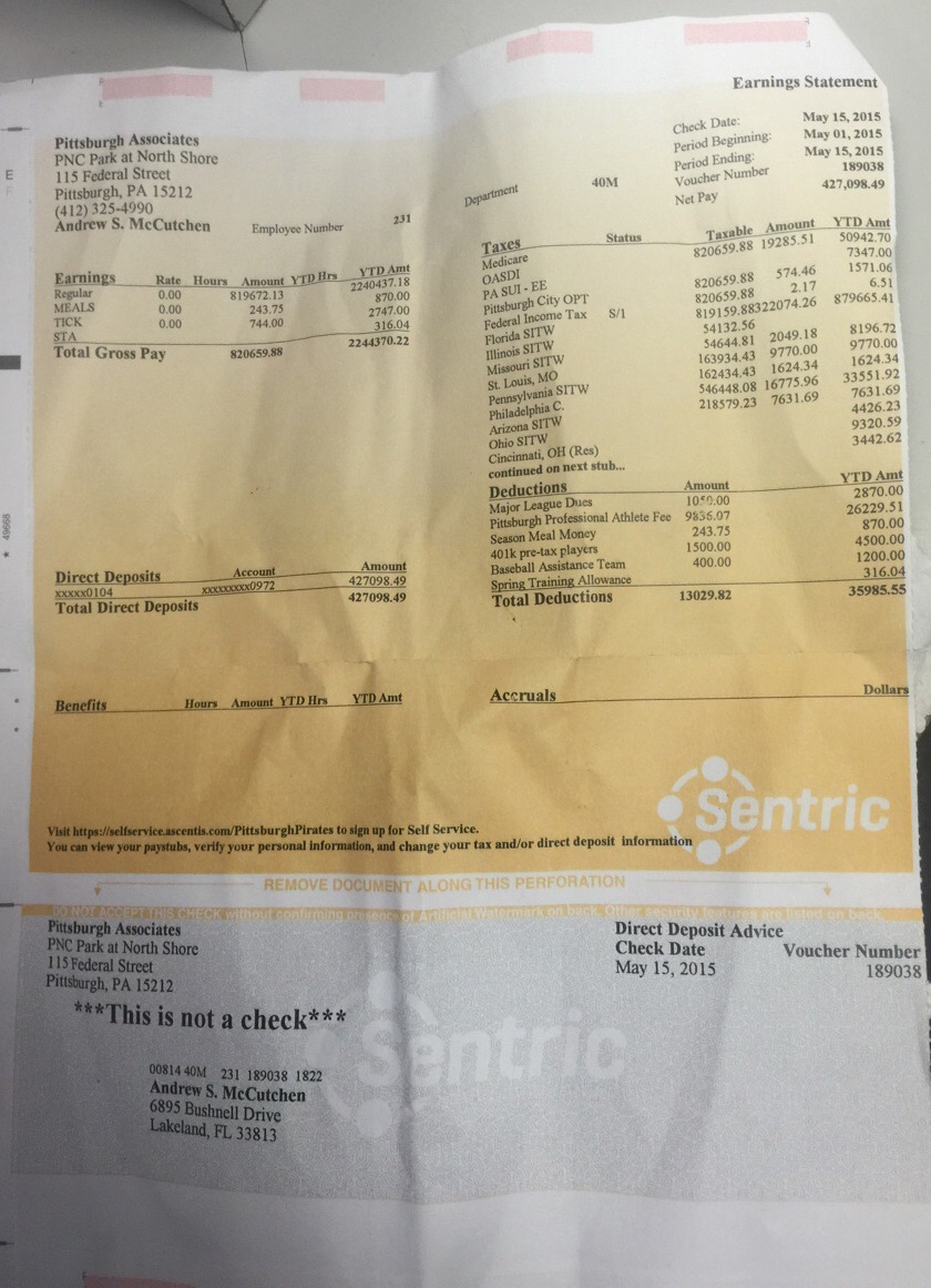 Pittsburgh Pirates Andrew McCutchen 2 week pay stub