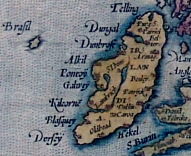 Hy-Brasil is a phantom island believed to lie in the Atlantic west of Ireland. Irish myths describe it as cloaked in mist except for one day every seven years, when it supposedly becomes visible but still unreachable.