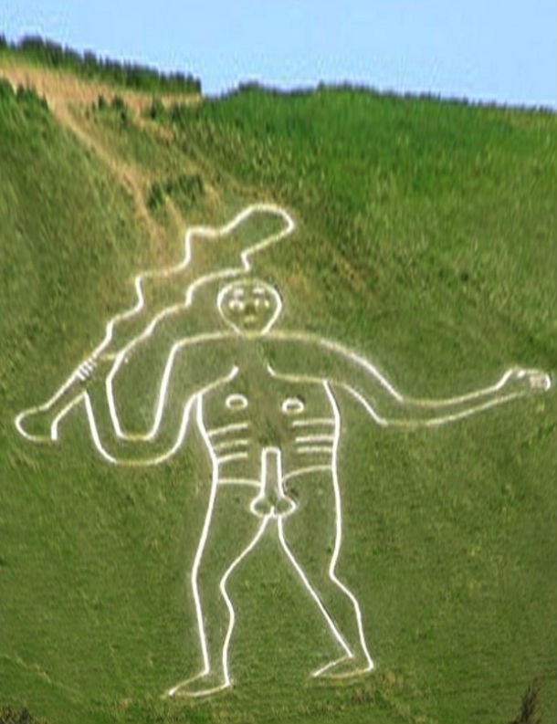 The Cerne Abbas Giant is a hill figure near the village of Cerne Abbas in Dorset, England. Made by a turf-cut outline filled with chalk, it depicts a large naked man with a substantial erection, typically described as a giant wielding a club. It was originally said to be of truly ancient origin, but in recent years historians have suggested that the giant may date only to the seventeenth-century, since the first written reference to it only dates to 1694. Furthermore, its creation is believed to be a prank, a product of the notorious British black humor.