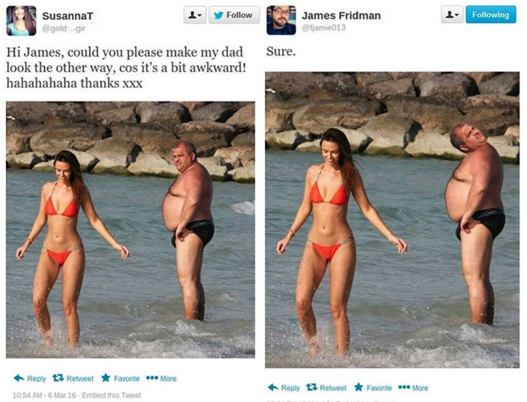 photoshop twitter - 4. ing Susannat pold T James Fridman 013 Sure. Hi James, could you please make my dad look the other way, cos it's a bit awkward! hahahahaha thanks Xxx More tz Retweet Favorite 105M ar 16 Embed this. The t7 Retweet ante ore