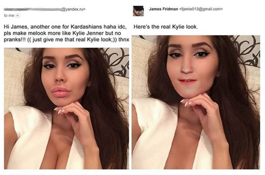 james fridman - yandex.ru James Fridman jam013.com> to me Here's the real Kylie look Hi James, another one for Kardashians haha idc. pls make melook more Kylie Jenner but no pranks!!! just give me that real Kylie look thnx