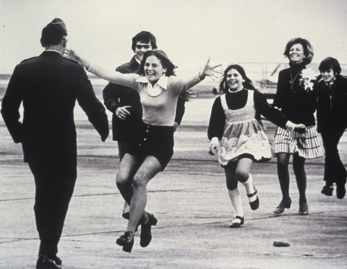 American POW Lt. Col. Robert Stirm is reunited with his family after 6 years March 17, 1973.

Despite outward appearances, the reunion was an unhappy one for Stirm. It is depressing to read that three days before the picture was taken Lt. Col. Robert L. Stirm received a letter from his wife that she wanted a divorce. His wife took 140,000 of his pay while he was a POW, took his two younger kids, house, car, 40% of his future pension, and $300 a month in child support. She had to pay back only $1500 of his money used on trips with other men. He fought and lost against her in court. He then had to live with his mom in San Francisco taking care of his older kids. It looks more like Prisoner of Wife.
