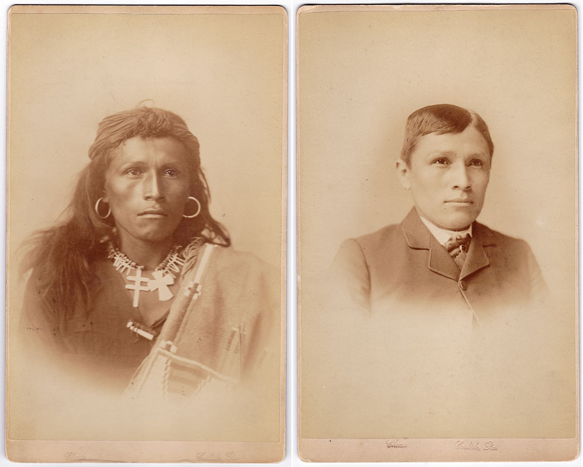 Tom Torlino, a Navajo youth, as he entered the Carlisle Indian Industrial School in 1882, and three years later. The school was one of several federally funded boarding schools designed to immerse native children in white culture. Its stated goal: “Kill the Indian, save the man.”