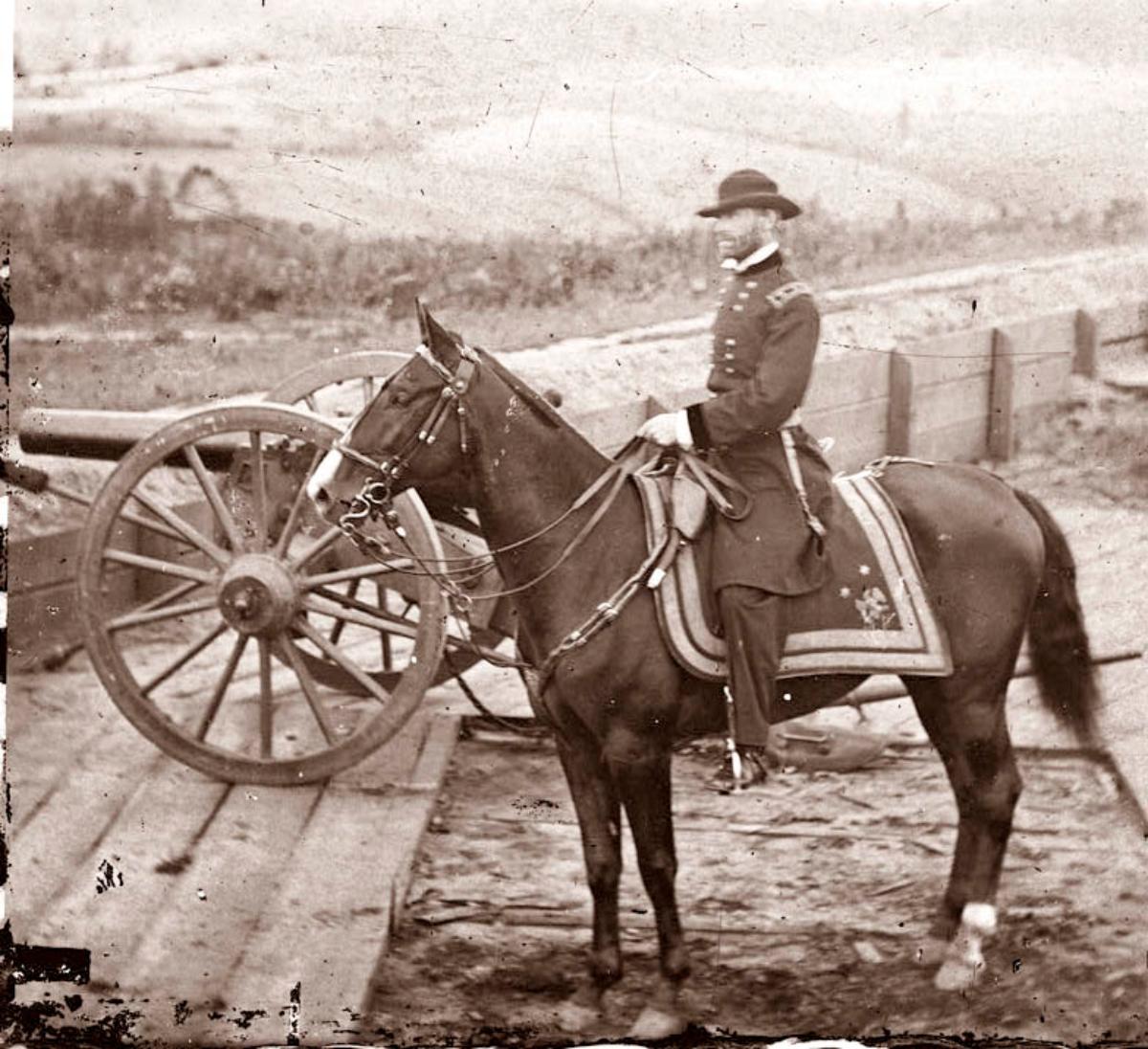 General William Tecumseh Sherman atop his steed Lexington at Federal Fort No. 7, two miles from Atlanta, 1864. A racehorse known for being the fastest four-mile thoroughbred in the U.S., Sherman rode Lexington throughout his scorched-earth Savannah campaign, the March to the Sea.