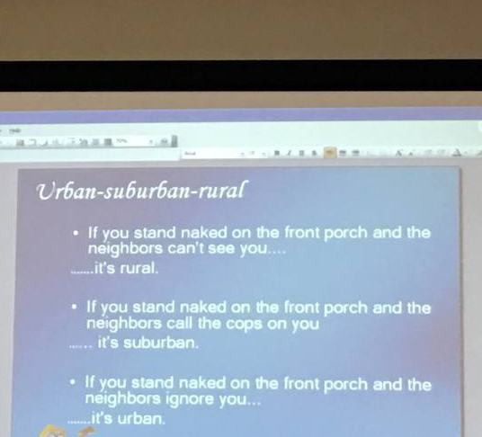 software - Urbansuburbanrural If you stand naked on the front porch and the neighbors can't see you. ...it's rural. If you stand naked on the front porch and the neighbors call the cops on you ... it's suburban. If you stand naked on the front porch and t