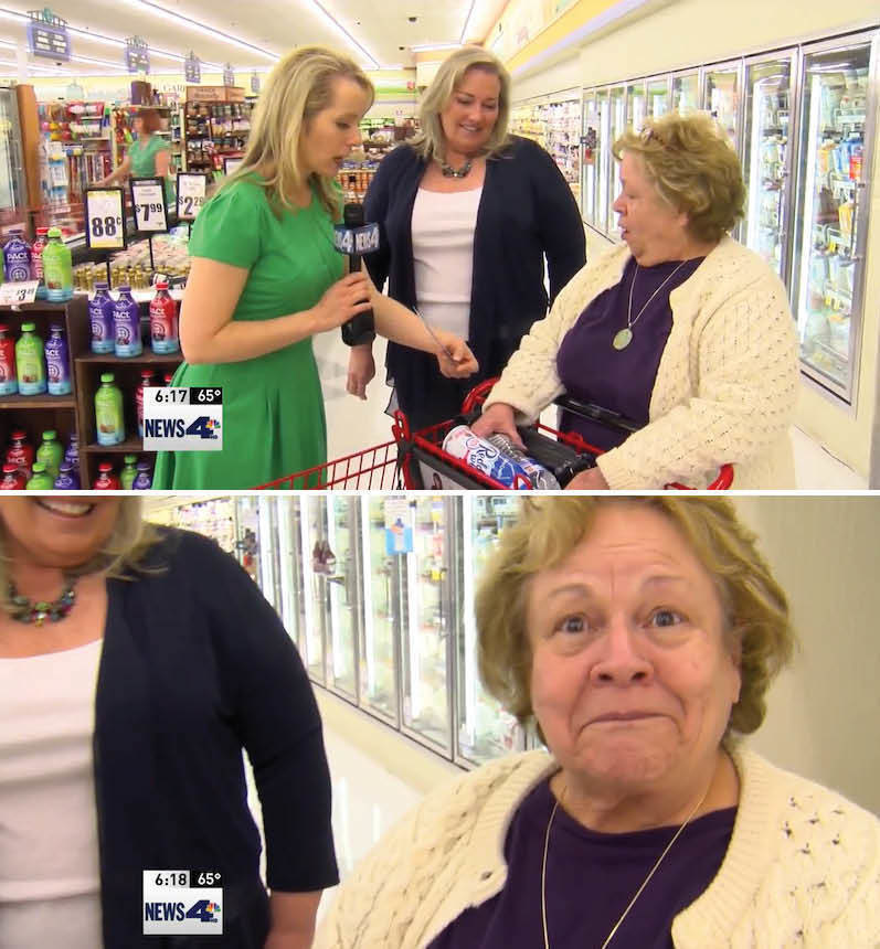 Kathleen Mains tried to ignore a TV crew, little did the shopper know she was randomly chosen to receive a $100 gift card.