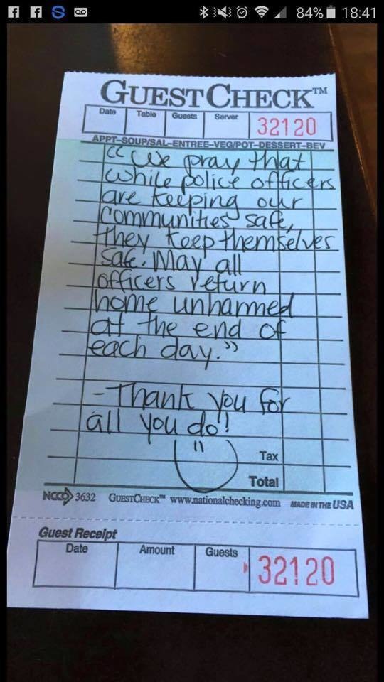 Police offers were enjoying their meal at Tony's Brick Oven Pizzeria in Gulfport, Mississipi. A diner paid for their meal and left the men in uniform a thank-you note.