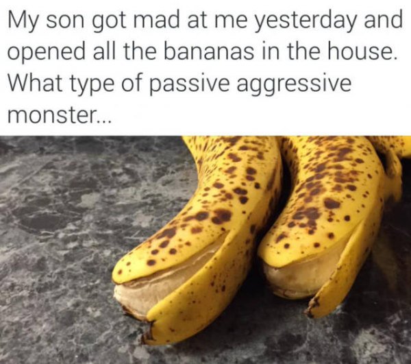 passive aggressive kids - My son got mad at me yesterday and opened all the bananas in the house. What type of passive aggressive monster...