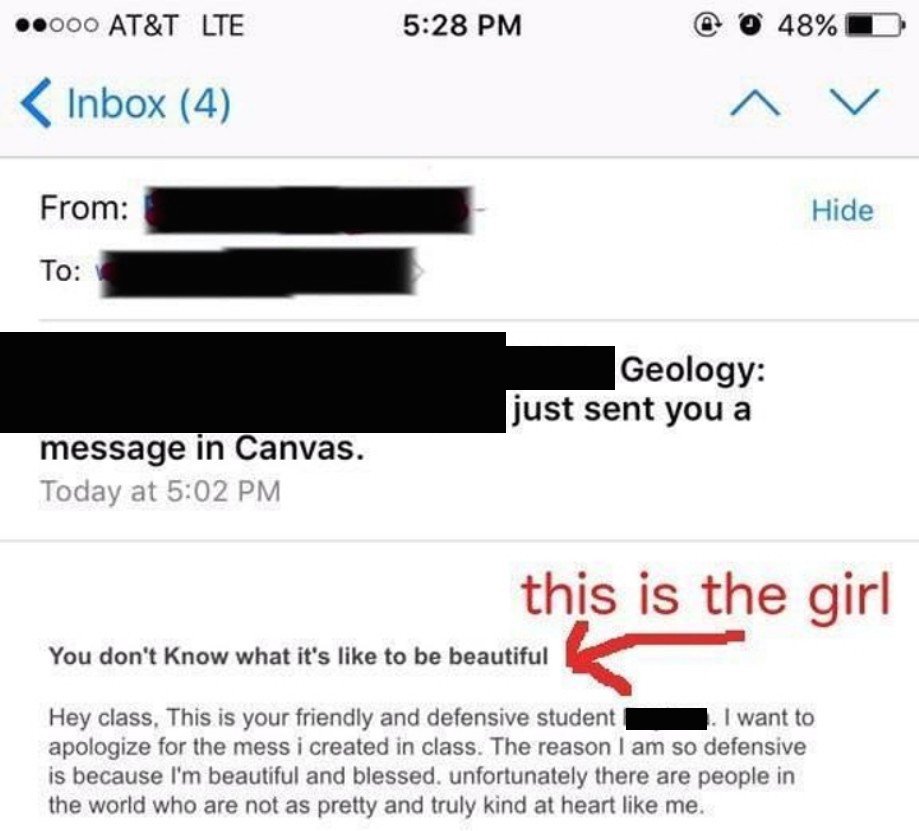 Student ‘apologizes’ to her class for being too beautiful