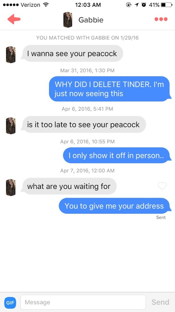 tinder - thirsty tinder - .... Verizon @ 10 41% Gabbie You Matched With Gabbie On 12916 I wanna see your peacock , Why Did I Delete Tinder. I'm just now seeing this , is it too late to see your peacock , I only show it off in person.. , what are you waiti
