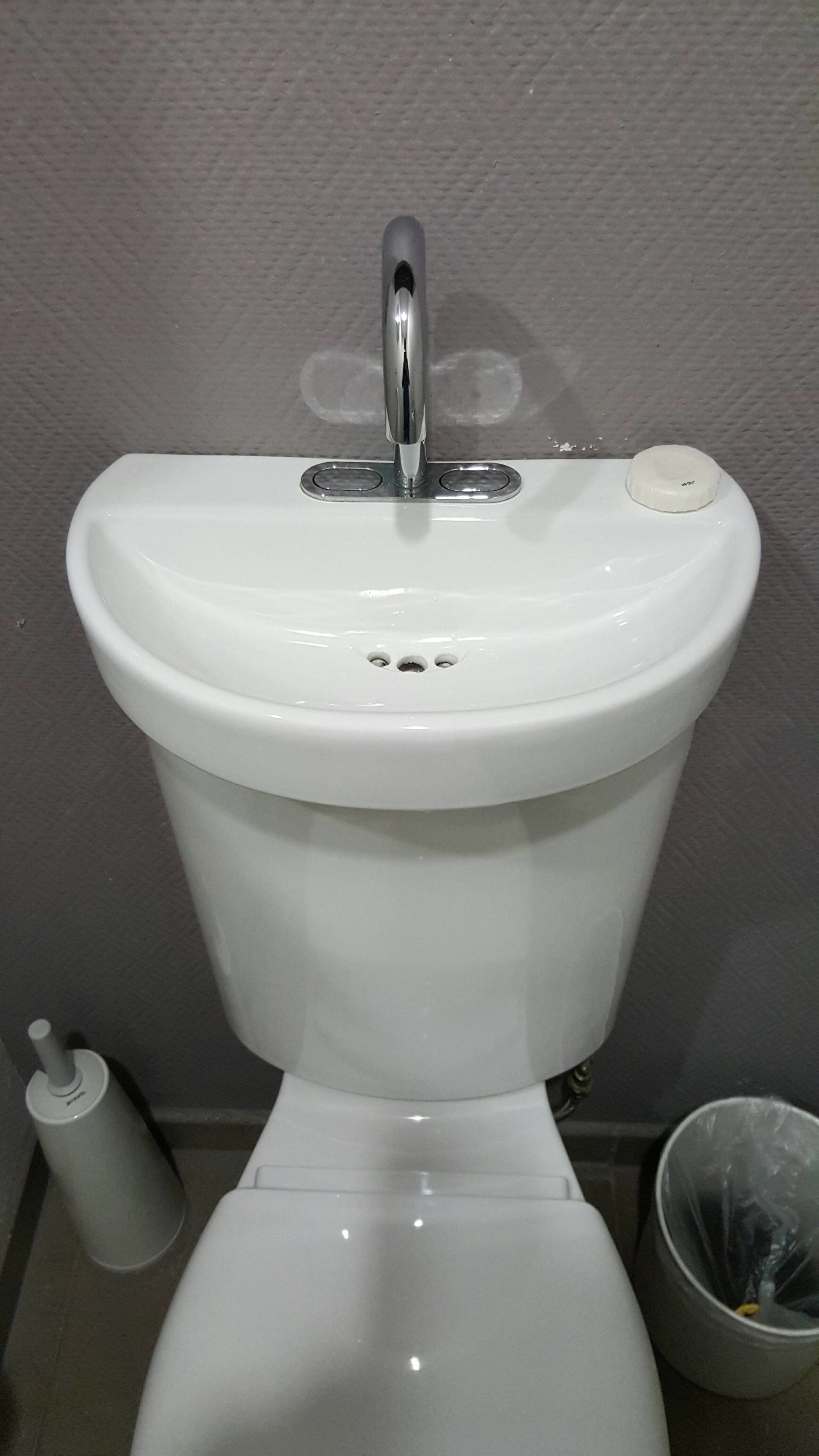 A sink built into the top of a toilet.