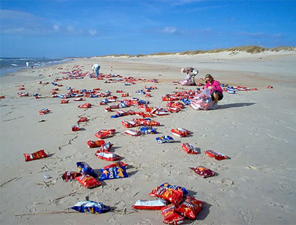 In 2006 a bunch of bags of Doritos washed ashore in North Carolina after they were lost in a storm. Hopefully everyone was hungry.