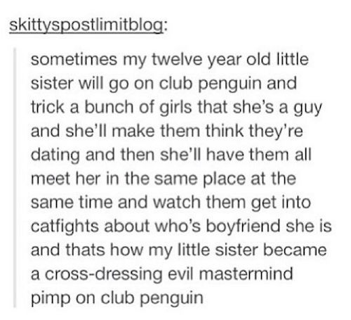 tumblr - funny sibling stories - skittyspostlimitblog sometimes my twelve year old little sister will go on club penguin and trick a bunch of girls that she's a guy and she'll make them think they're dating and then she'll have them all meet her in the sa