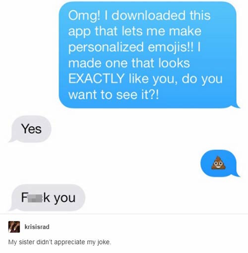 tumblr - savage sister texts - Omg! I downloaded this app that lets me make personalized emojis!!! made one that looks Exactly you, do you want to see it?! Yes Fk you krisisrad My sister didn't appreciate my joke.