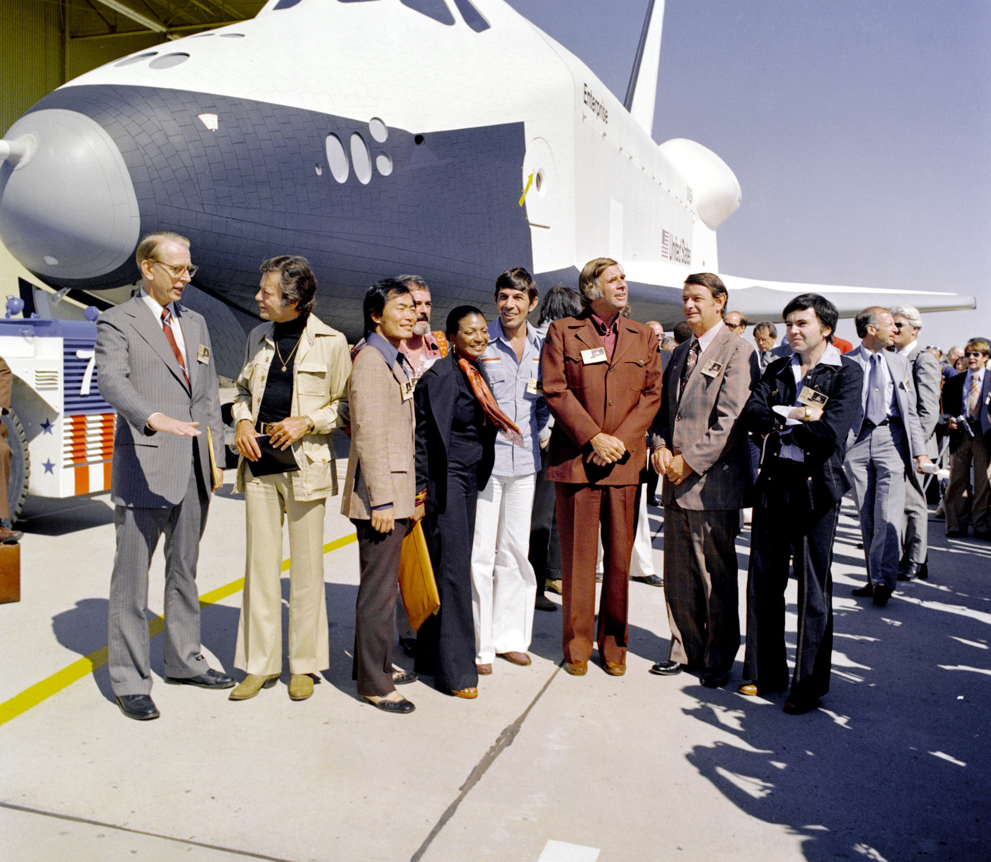 The Star Trek cast with the Space Shuttle Enterprise in 1976.