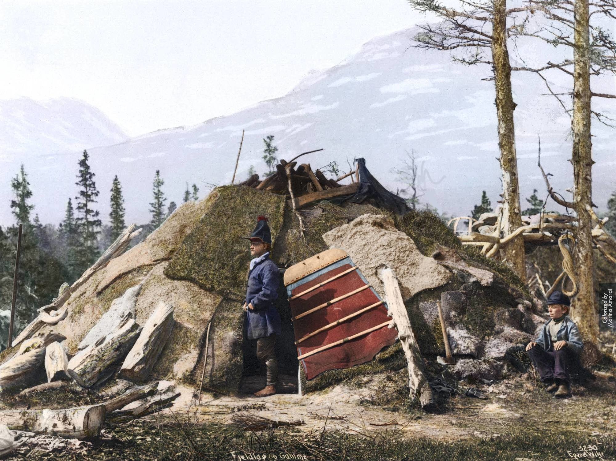 Southern Swedish Sami standing outside of a turf hut, sometime between 1885 and 1892.