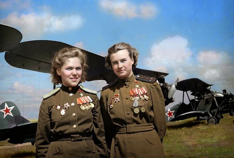 Two officers in the 588th "Night Witches" Bomber Regiment, the USSR's most decorated female unit in World War II. They only flew biplanes, and each female pilot in the union went on at least 800 missions.